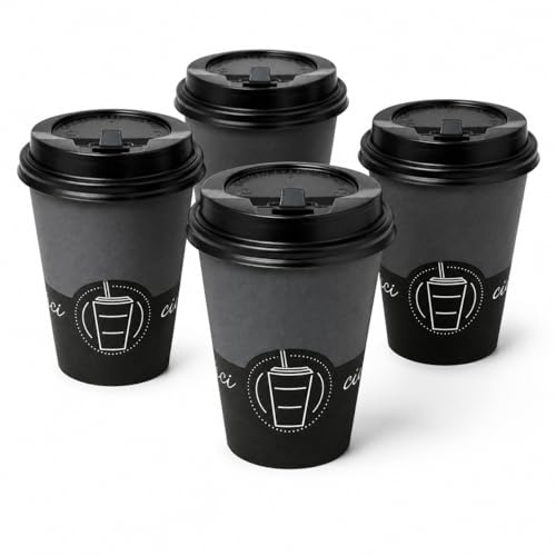 200 Bicchieri di Carta 360ml + Coperchio, Bicchieri Monouso per Caffè Americano, Cappuccino Tè, Per Bevande, Asporto in Cartoncino Resistenti, Usa e Getta per Bar, Hotel, Ufficio, Eventi, BLACK