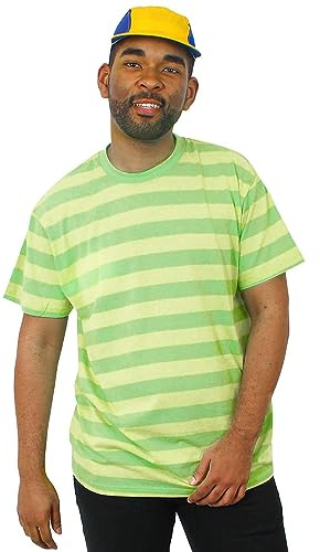 T-shirt rayé vert et jaune à manches courtes + casquette de baseball bleue et jaune