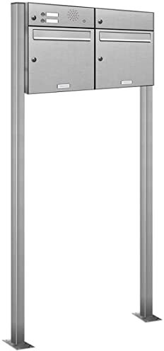 AL Briefkastensysteme 2er V2A Edelstahl Standbriefkasten mit Klingel rostfrei als 2 Fach Briefkastenanlage in Postkasten Doppel-Briefkasten Design modern