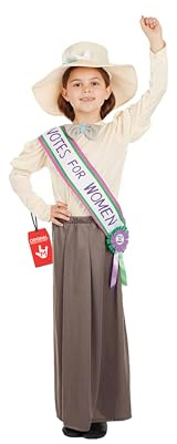 Fun Shack Suffragettkostym för Flickor, Historisk Barnkostym med Kremblus, Kjol, Edvardiansk Hatt och Skärp, M