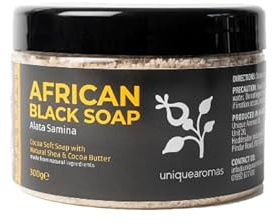 Unique Aromas African Black Soap Skin Care, All in One Body Wash, Face Wash, Shampoo & Shaving Soap with Fair Trade Shea Butter Organic Soap for Acne, Rashes, Scar Removal (Unscented, 300g)