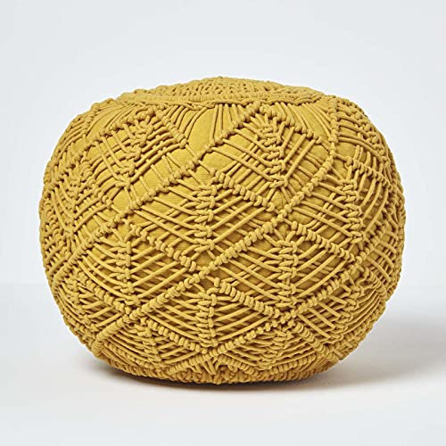 Homescapes Häkel-Pouf, senfgelb, flaches Bodenkissen 40 x 50 cm in Boho Style, bequemer Fußhocker in Makramee-Optik, gehäkelter Puff aus 100% Baumwolle, Häkelpuff/Strickhocker