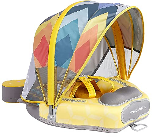 Mambobaby Float Upgrade Add Tail Baby Float with Canopy for Infant Waist Swimming Ring Swim Trainer Non-Inflatable Floats Toys with Adjustable Safety Strap (Yellow - Colorful Fish)