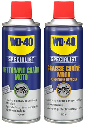 WD-40 Specialist Moto • Graisse Chaîne • Aérosol • Protection anticorrosion • 400 ML & Specialist Moto Nettoyant Chaîne Aérosol Sèche rapidement Ne laisse pas de résidus Aide à réduire l'ususe 400 ML