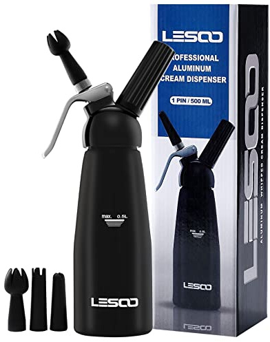 LesooWhip Professional Whipped Cream Dispenser Highly Durable Aluminum Whip Cream Dispenser 500ml /1 Pint Large Capacity Whip Cream Canister with 3 Decorating Nozzles and 1 Cleaning Brush