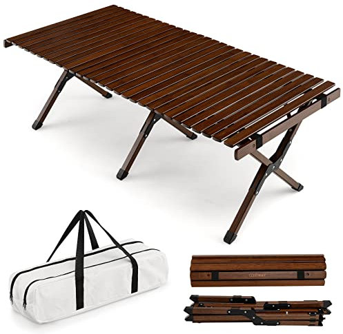 COSTWAY Aufrollbarer Campingtisch aus Bambus, klappbarer Picknicktisch mit Tragetasche, tragbarer Klapptisch für Camping, Grillen, Picknick, Garten (Kaffee)