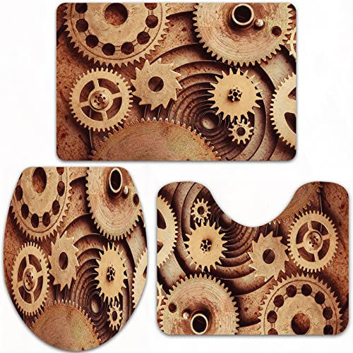 Badteppich-Set 3-teilige, rutschfeste,Industrial Inside The Clocks Theme Gears Mechanical Device Bild im Steampunk-Stil, Druck,,rutschfeste Badematte, U-förmiger Konturteppich und Toilettendeckel