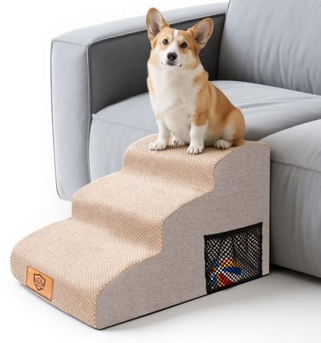 MASTERTOP Scale per Cani 3 Gradini, Scalini Antiscivolo per Gatti e Cani per Divano e Letto, Scaletta Schiuma Alta Densità, Copertura Impermeabile Lavabile (Beige)