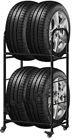 CMYUN Supports Pneus Étagère de Stockage de Pneus Robuste avec 4 Roues, Support de Support Multi-pneus en Métal Noir à 2 Niveaux pour Appartement à la Maison, Contient 4 Pneus avec Jantes