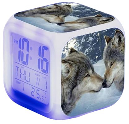 Blissbuilt réveil Horloge de Chevet pour Enfants avec Lumière Snooze Alarme,réveil Nocturne 7 Couleurs,Réveils numériques LED pour beb Décoration de Bureau Cadeaux d'anniversaire (Motif Loup)