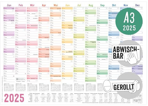 Häfft® Abwischbarer Wandkalender 2025 A3 (42 × 29,7 cm) “Rainbow” Wandplaner mit Ferienübersicht und Feiertagen + gratis A4-Kalender - nachhaltig & klimafreundlich