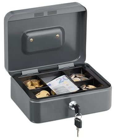 Relaxdays Caisse à Monnaie, verrouillable, Compartiment Amovible divisé en 5, Fer, H x L x P : 8,5 x 20 x 17 cm, Grise