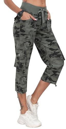 JINSHI Pantalones Cargo Mujer Verano 3/4 Capri Pantalón Casual Ligero Pantalones de Senderismo Deportivos Multi-Bolsillos
