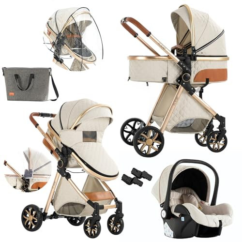 Nine point nine Poussette 3 en 1, Poussette Bebe avec Double Modes de Poussée Réversibles, Poussette Canne avec Grande Nacelle Confortable, Pousette avec Cadre Aluminium Haute Paysage (V9 CreamyWhite)