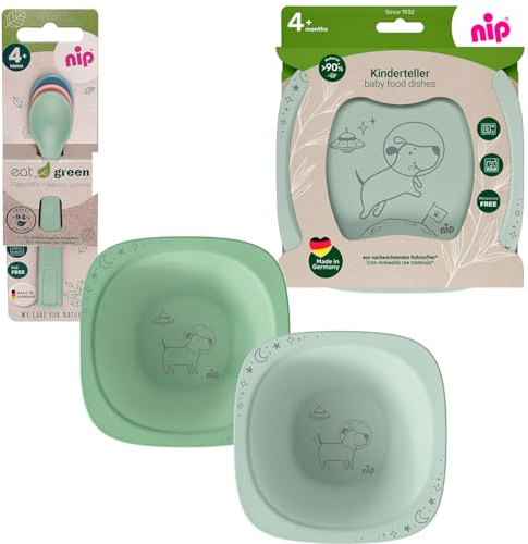 NIP Eat Green porslinsset från 4. Månad, 2 tallrikar, 2 breda skålar, 3 äts gröna ekologiska babyskedar, diskmaskinssäker, mikrovågsugnssäker, tillverkad i Tyskland, BPA-fri, melaminfri, PVC-fri