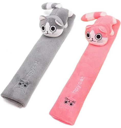 2 Stück Gurtpolster Kinder Auto, Gurtschoner Kinder Auto Groß mit Katze Motiv, Schutzkissen und Samtbeutel für Mehr Komfort auf der Reise (Grau+Rosa)