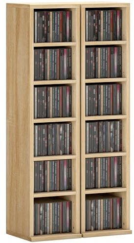 HOMCOM Set di 2 Mobili Porta CD con Ripiani Regolabili, Scaffale Porta 204 CD Salvaspazio, Mobile Portacd con 12 Scomparti, per Soggiorno, Camera da Letto, Ufficio, 21x22.5x88.5cm, Rovere
