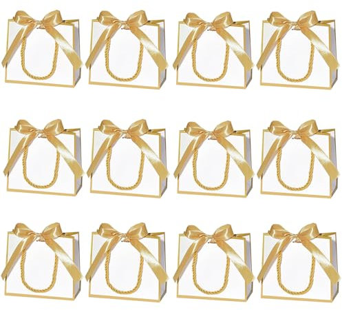 Lot de 12 petits sacs cadeaux avec poignées, mini sacs cadeaux de remerciement avec ruban pour mariage, fête prénatale, anniversaire (blanc, doré)