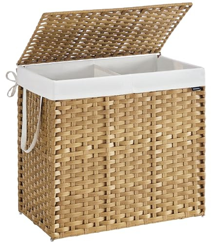 SONGMICS Laundry Basket, 160 L Synthetic Rattan Storage Basket with Lid and Handles, Wicker, Foldable, Removable Liners, for Blankets, Clothes, Living Room, Laundry Room, Natural Colour LCB216Y01
