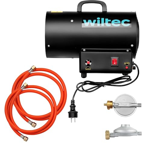 Wiltec Generatore di calore a gas GPL, 15 kW 30 W 320m³/ora, cannone aria calda con avviamento piezoelettrico, incluso riduttore di pressione del gas per la Francia 700 mbar con tubo da 1,5 m
