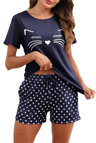 TeJoyce Pijama Mujer Corto Verano Algodon, Ropa de Dormir de Dos Piezas, Conjunto de Camiseta de Manga Corta de Gatos y Shorts Lunares con Bolsillos, Ropa de Casa Ligera y Suave S-XXL