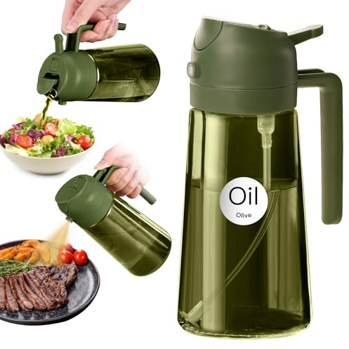 YARRAMATE Spruzzatore per olio scuro da 470 ml con blocco della luce per cucinare, nebulizzatore per olio 2 in 1 di protezione UV per la cucina, bottiglia di olio di vetro verde di alta qualità