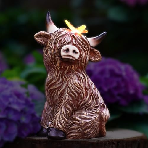Yeomoo Solar Highland Cow Garden Ornaments with Butterfly Lights Brown | Resin Waterproof Statue, Solar Garden Decor for Lawn Balcony Patio Yard Home, Birthday Gifts for Women Mum Men, Fairy Garden