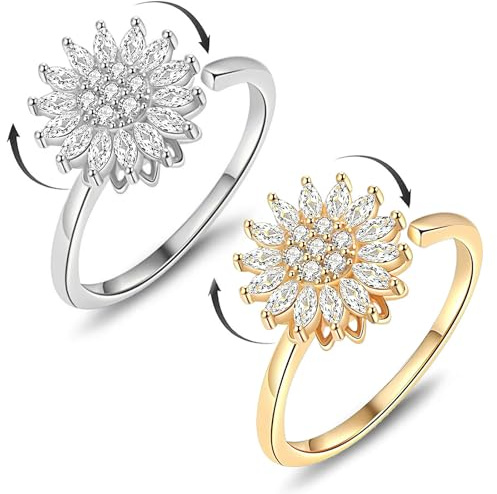 Exbrith 2 st med solblomma, fidget spinner, justerbar anti-stress, ångestlind, för kvinnor, öppen lind, flickor, män, födelsedagspresent (guldsilver)