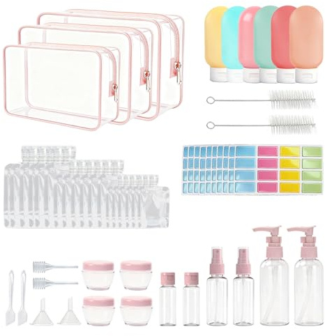 MOAMUN 45 Pièces Kit Voyage Produit Toilette, Flacon Voyage Rechargeables Et Étanches, Trousse De Toilette Transparente Flacon Vide Pour Articles De Toilette Cosmétiques Shampooings Lotions et Crèmes