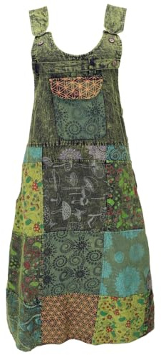 GURU SHOP Boho hängselkjol, lapptäcke axelbandsklänning, hängselklänning, damer, bomull, Grön, 38