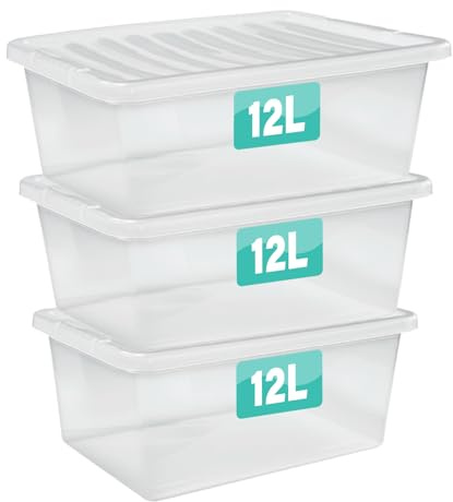 3 x 12 Litre Clear Plastic Storage Boxes With Lids Set of 3, Transparent Multipurpose Nestable Stackable Plastic Box With Lid Containers For Home, Kitchen, Garage, Office, Accessories
