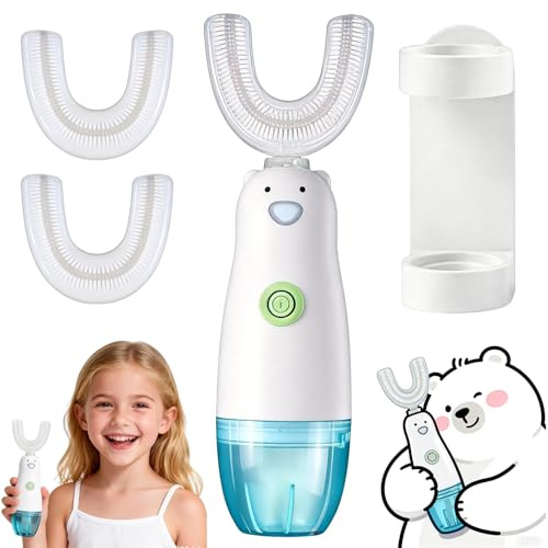 Cepillos de dientes eléctricos para niños, cepillo de dientes sónico portátil en forma de 360 U con soporte para cepillo de dientes y 2 cabezales, 100% resistente al agua, cepillo de dientes eléctrico