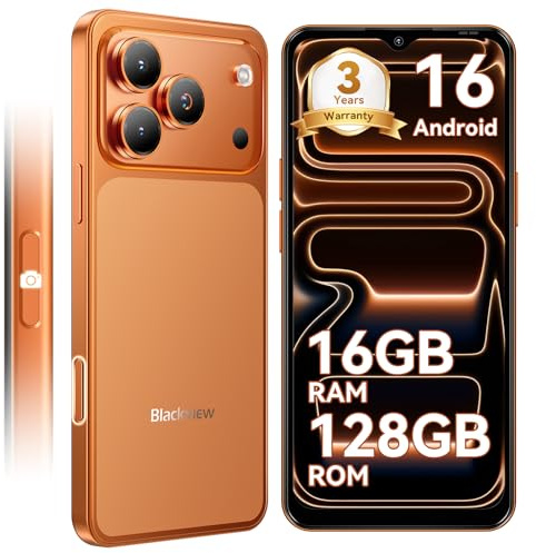 Blackview Wave 7C Sim-free & Unlocked Mobile Phones, 3-Year Warranty, 32MP Camera, Android 16 Smartphone, 6.56” Display, 5000mAh Battery, Dual SIM, IP54 Water Resistance, 128GB Storage, Orange