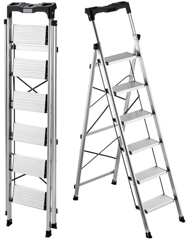 VEVOR 6 Step Ladder, Folding Step Stool with Wide Anti-Slip Pedal and Comfort Handgrip, 330 lbs Capacity Portable Aluminum Stepladder, Multi-Use for Kitchen, Warehouse, Household and Office, Silver