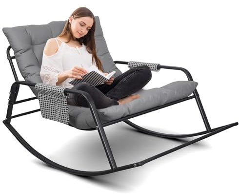 Plasaig Silla Mecedora, Carga 150 kg, Sillon Mecedora Salon Extra Grande con Cojín Acolchado, Rocking Chair Marco de Metal, Sillón Relax para Adulto Salón, Dormitorio, Interior y Exterior (Gris)