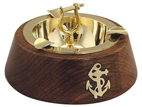 linoows Marine Aschenbecher, Edler Ascher mit Schäkel, Edelholz und Messing 12 cm
