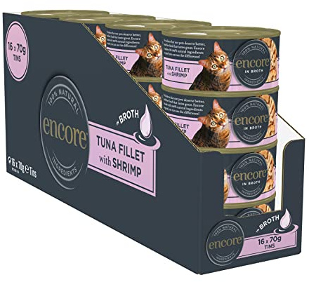 Encore Cibo naturale per gatti, tonno con gamberetti, in scatola di latta, 70 g (confezione da 16)