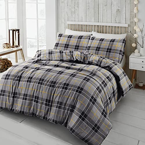 Artistic Fashionista Parure de lit en flanelle de coton brossé à carreaux TARTAN Housse de couette et taies d'oreiller extra durable et sans boulocher (gris, King size)