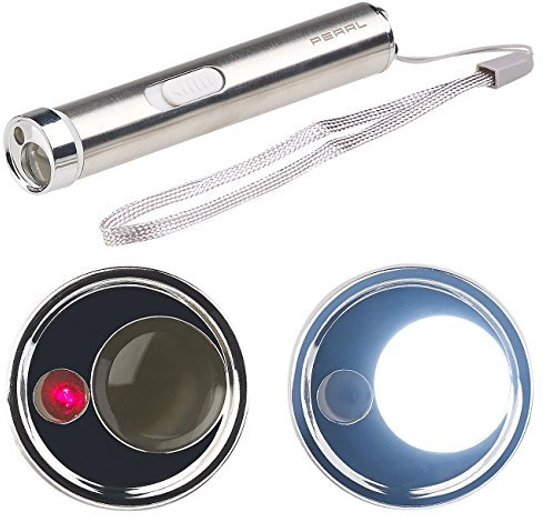 PEARL Mini Taschenlampe: 2in1-LED-Taschenlampe & Laserpointer, Edelstahl-Gehäuse, 15 Lumen (Pointer, Laserstift, Schlüsselanhänger)