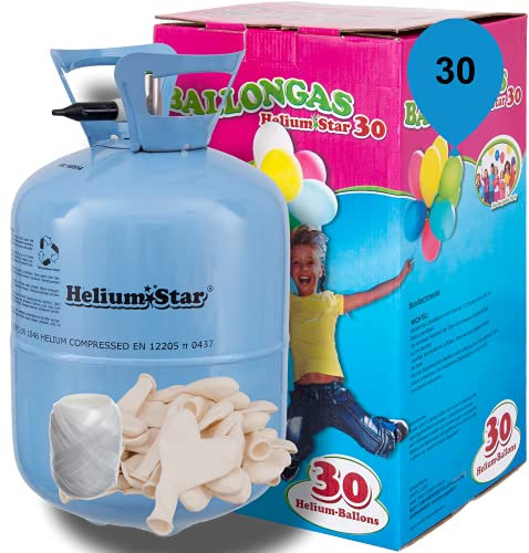 Helium Ballongas + 30 weiße Herz-Latexballons Ø 25cm + Polyband, HeliumStar® Einwegflasche Helium Gas für 30 Ballons