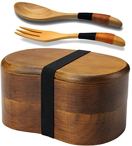 AOOSY Bento Lunch Box, Kids Lunch Box, japanische Bento Box für Erwachsene Sandwich Lunch Container Sushi Box 2-stufige Holz Bento Boxen mit Gabellöffel für Office School Wandercamping