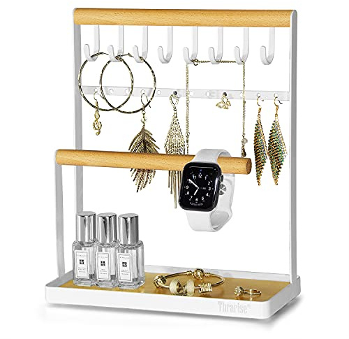Thrarise Soporte para joyas,soporte de pendientes con bandeja de madera,Organizador de Joyería,colgador collares, metal y madera, Regalo para niñas y mujeres，color blanco