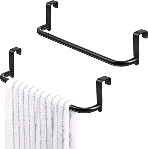 2 Pieces Metal Towel Bar Kitchen Cabinet Steel Towel Rack Bar for Hanging on Inside or Outside of Doors, Home Kitchen Bathroom(Black)