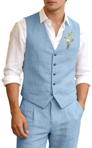 Aowdoy Casual Linen Suit Men's 2 Piece Suits Wedding Suits Slim Fit Waistcoat Groomsmen Tuxedos Prom Linen Vest+Pant Blue L