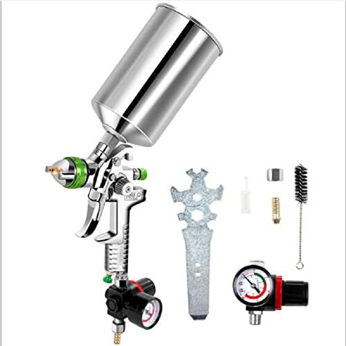 Riloer Pistolet à peinture, Avec régulateur de pression Pistolet à peinture à buse de 2,5 mm + Bouilloire en aluminium de 1000ml, pour peinture de voiture, murs, meubles, terrasses, etc.