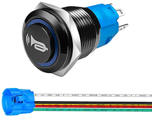 Gebildet 16mm 12V-24V/5A Interruttore Momentaneo, Clacson per Altoparlanti Pulsante Nero con Pre-cablaggio, Interruttore in Metallo Impermeabile con Luce a Led Blu per Barca Auto