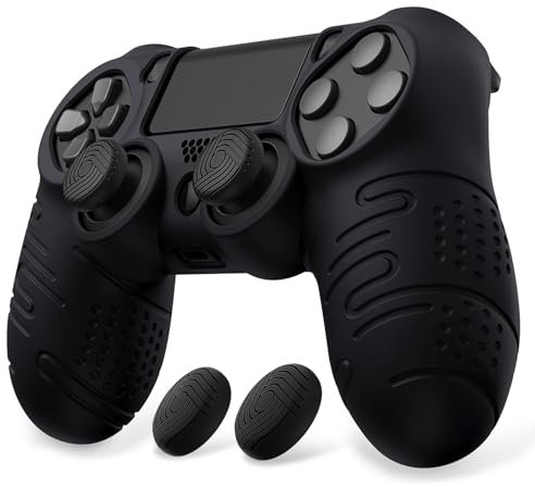 PlayVital Line & Dot Hülle für PS4 Controller, Anti-Rutsche Weiche Schutzhülle für Slim und Pro Controller mit Stick Kappen (Schwarz)