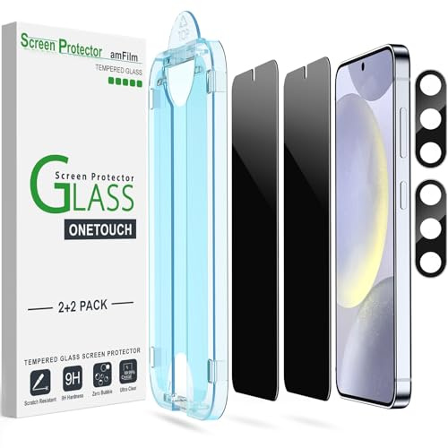 amFilm 2+2 Stycken Integritetsskydd för Samsung Galaxy S24 Plus 5G, med Kameraobjektivskydd [Spionskydd Och Integritetsskydd] | Härdat glas, automatisk justering, bubbelfri, anti-spionskydd, med kameraobjektiv [2+2 stycken]