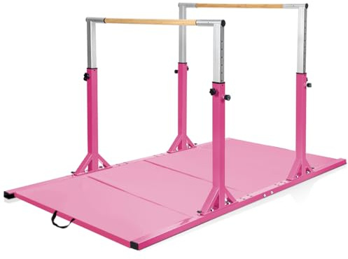GYMAX Barre Doppie per Ginnastica, Allenamento Ginnico in Acciaio, Larghezza e Altezza Regolabile, Carico 120 kg+, Barra Ginnica per Bambini da 6 a 12 Anni, Ideale per Palestra, Casa (Rosa)