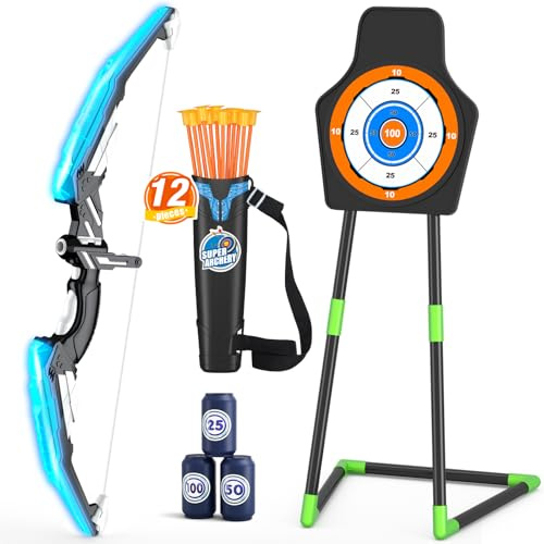 HYES Bow and Arrow for Kids, LED Light Up Archery Set with 12 Suction Cup Arrows, 1 Standing Target, 3 Score Targets, 1 Quiver, Indoor Outdoor Sport Gifts for Boys Girls Ages 4-12, Blue